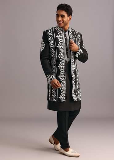 Black Dola Silk Thread Embroidered Sherwani Set
