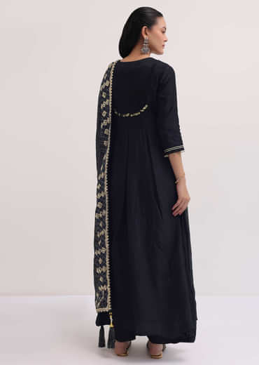 Black Embroidered Chanderi Anarkali Set