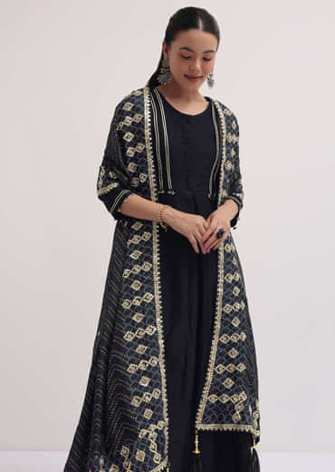Black Embroidered Chanderi Anarkali Set