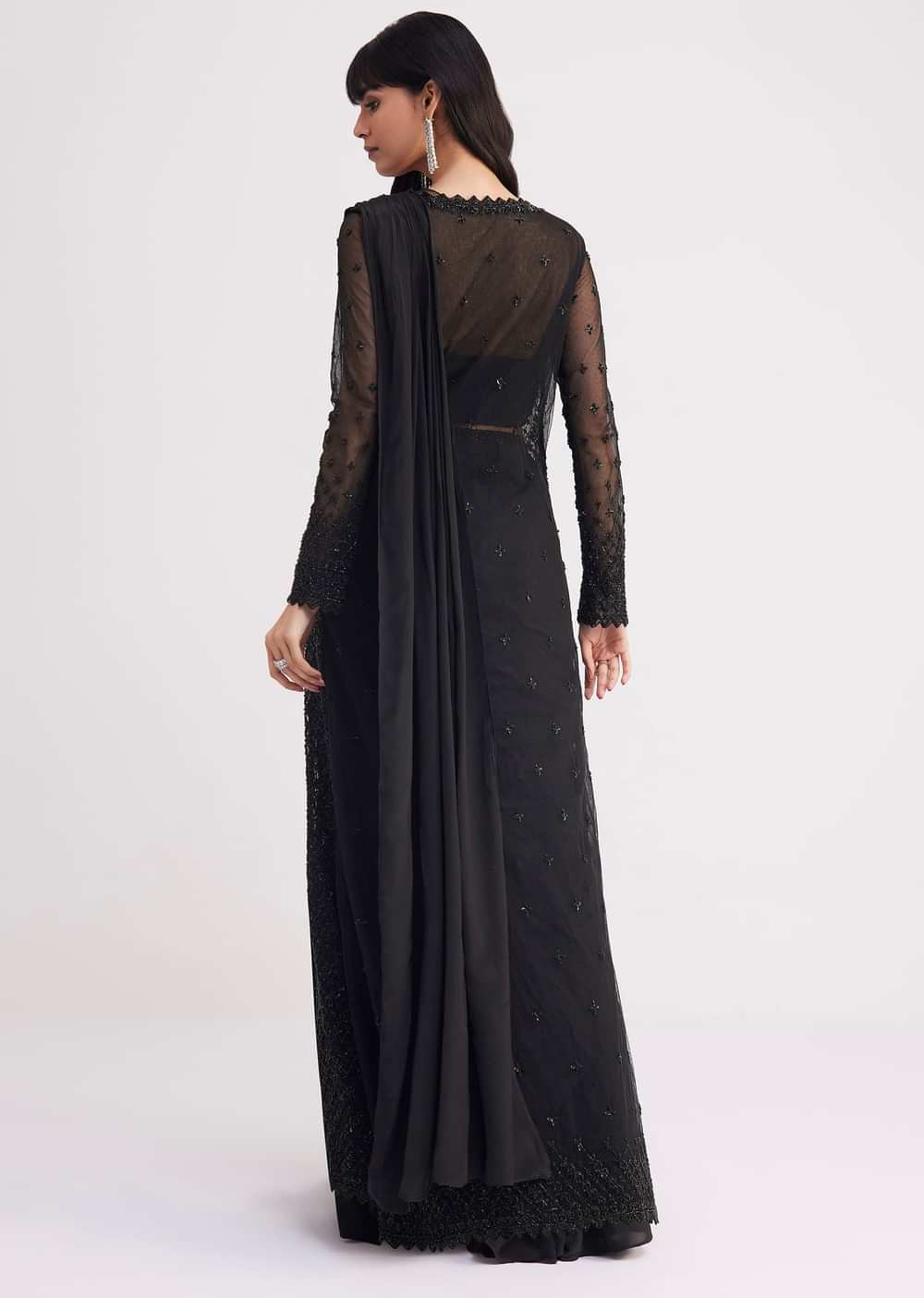 Black Embroidered Draped Skirt Saree With Blouse And Matching Jacket