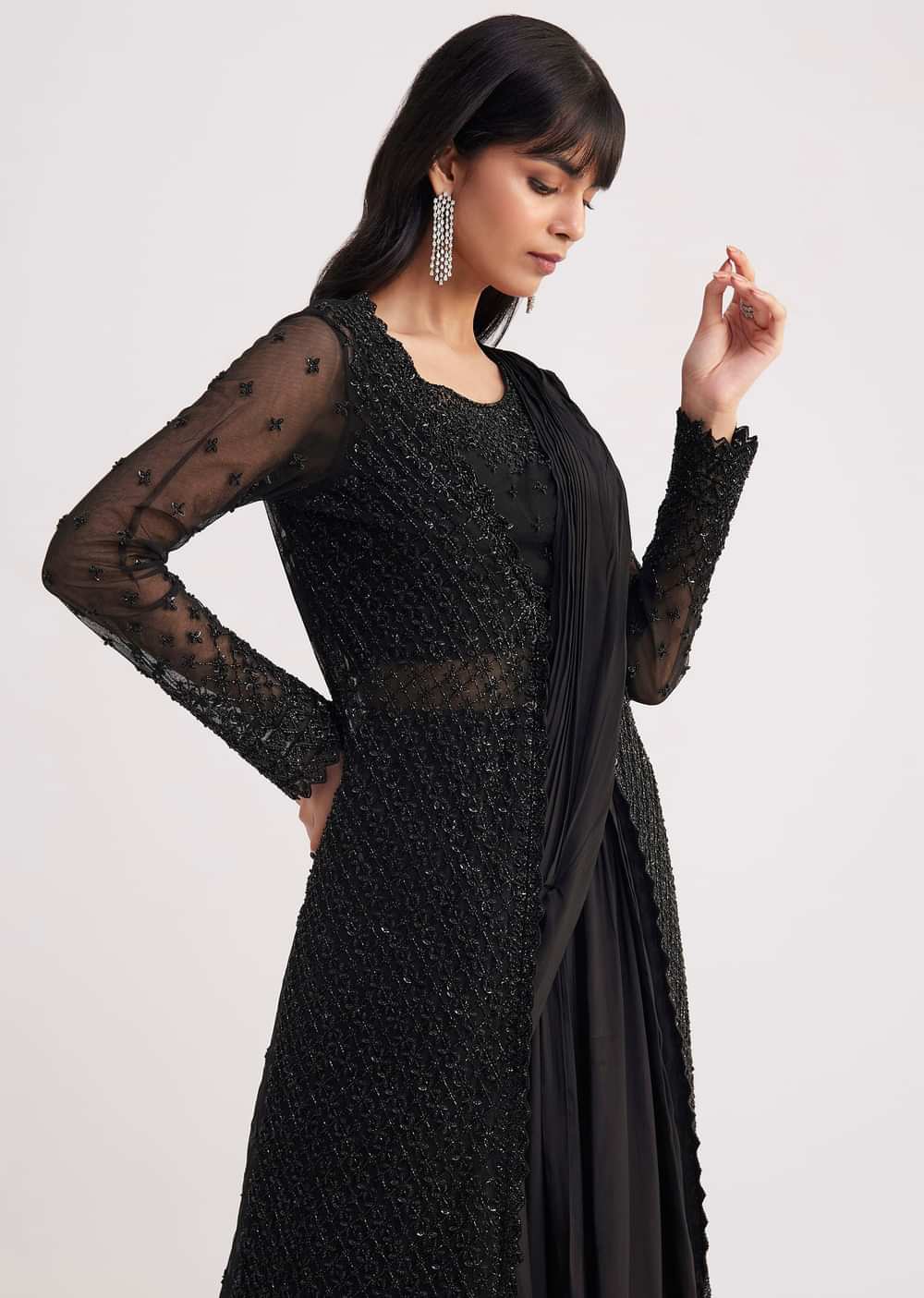 Black Embroidered Draped Skirt Saree With Blouse And Matching Jacket