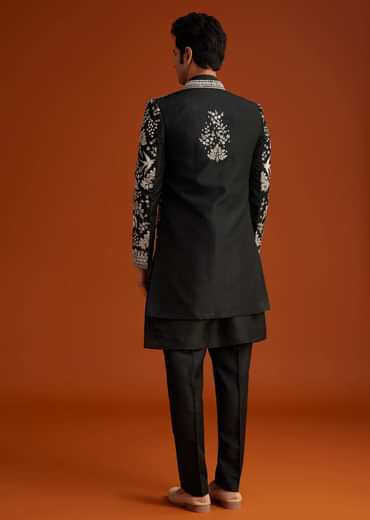 Black Embroidered Indo Western Sherwani Set