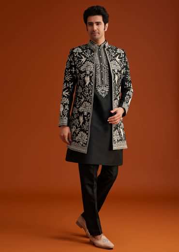 Black Embroidered Indo Western Sherwani Set
