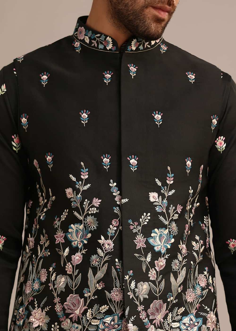 Black Embroidered Jacket Kurta Set In Linen Satin