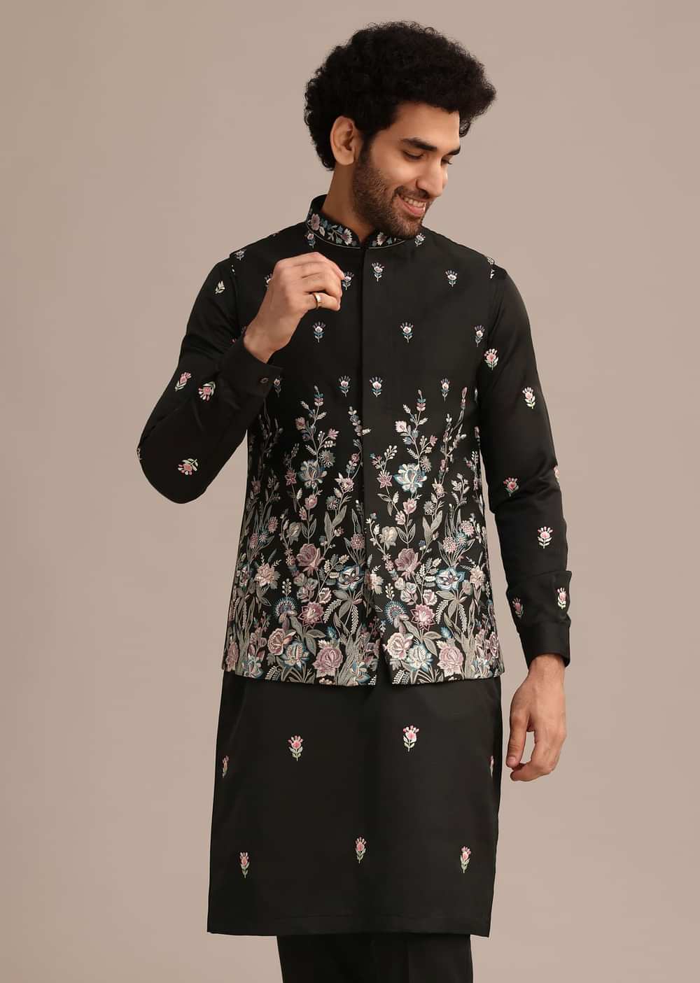 Black Embroidered Jacket Kurta Set In Linen Satin