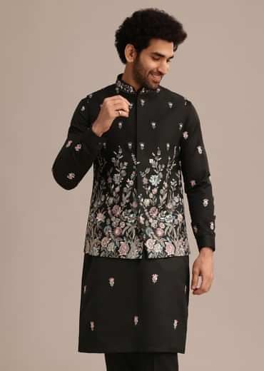 Black Embroidered Jacket Kurta Set In Linen Satin