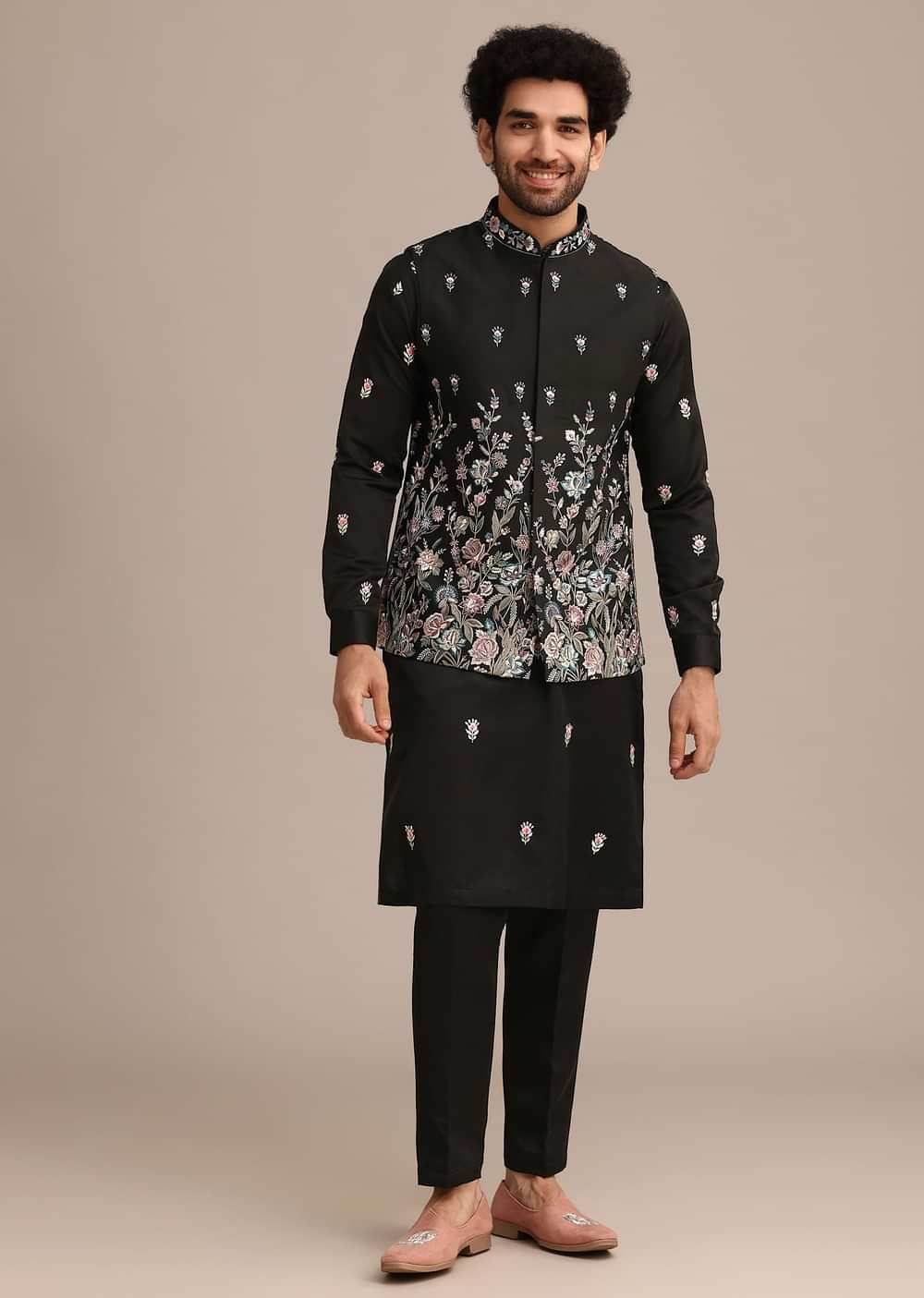 Black Embroidered Jacket Kurta Set In Linen Satin