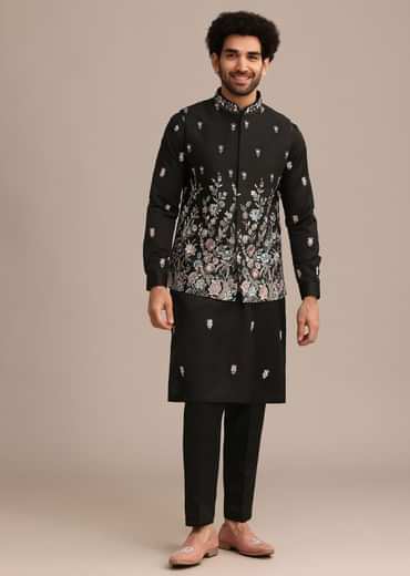 Black Embroidered Jacket Kurta Set In Linen Satin