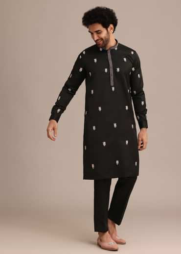 Black Embroidered Jacket Kurta Set In Linen Satin