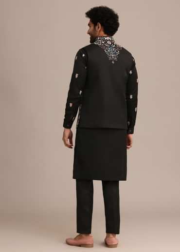 Black Embroidered Jacket Kurta Set In Linen Satin