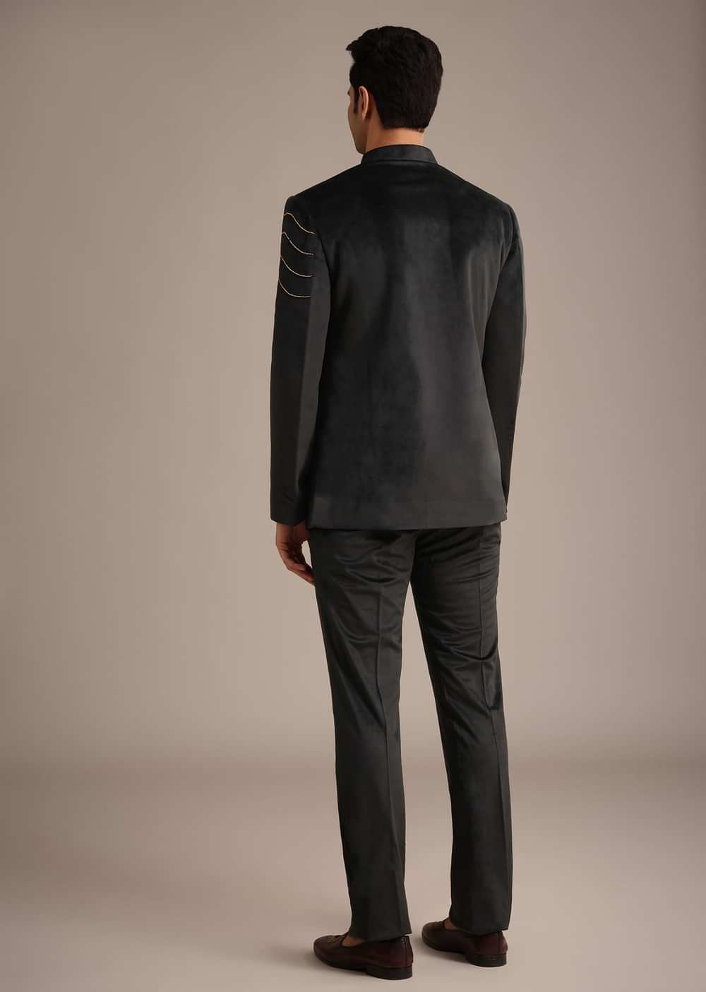 Black Embroidered Jodhpuri Set With Poth Work In Suede