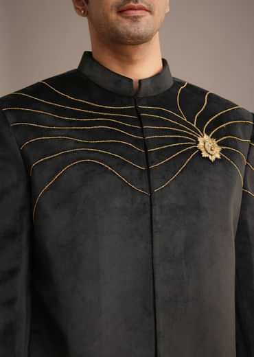 Black Embroidered Jodhpuri Set With Poth Work In Suede
