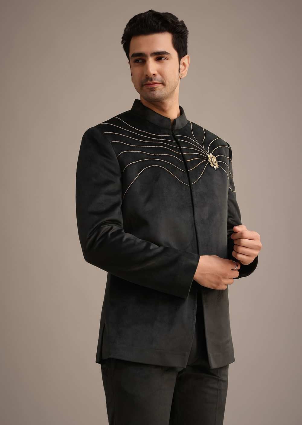 Black Embroidered Jodhpuri Set With Poth Work In Suede