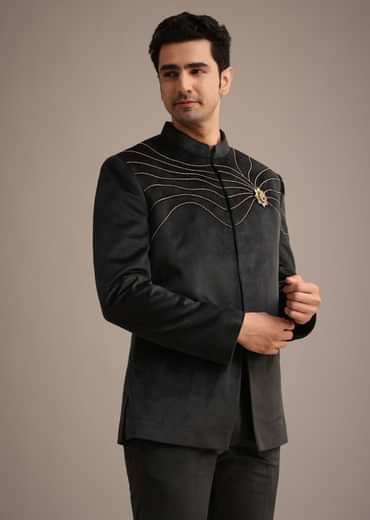 Black Embroidered Jodhpuri Set With Poth Work In Suede
