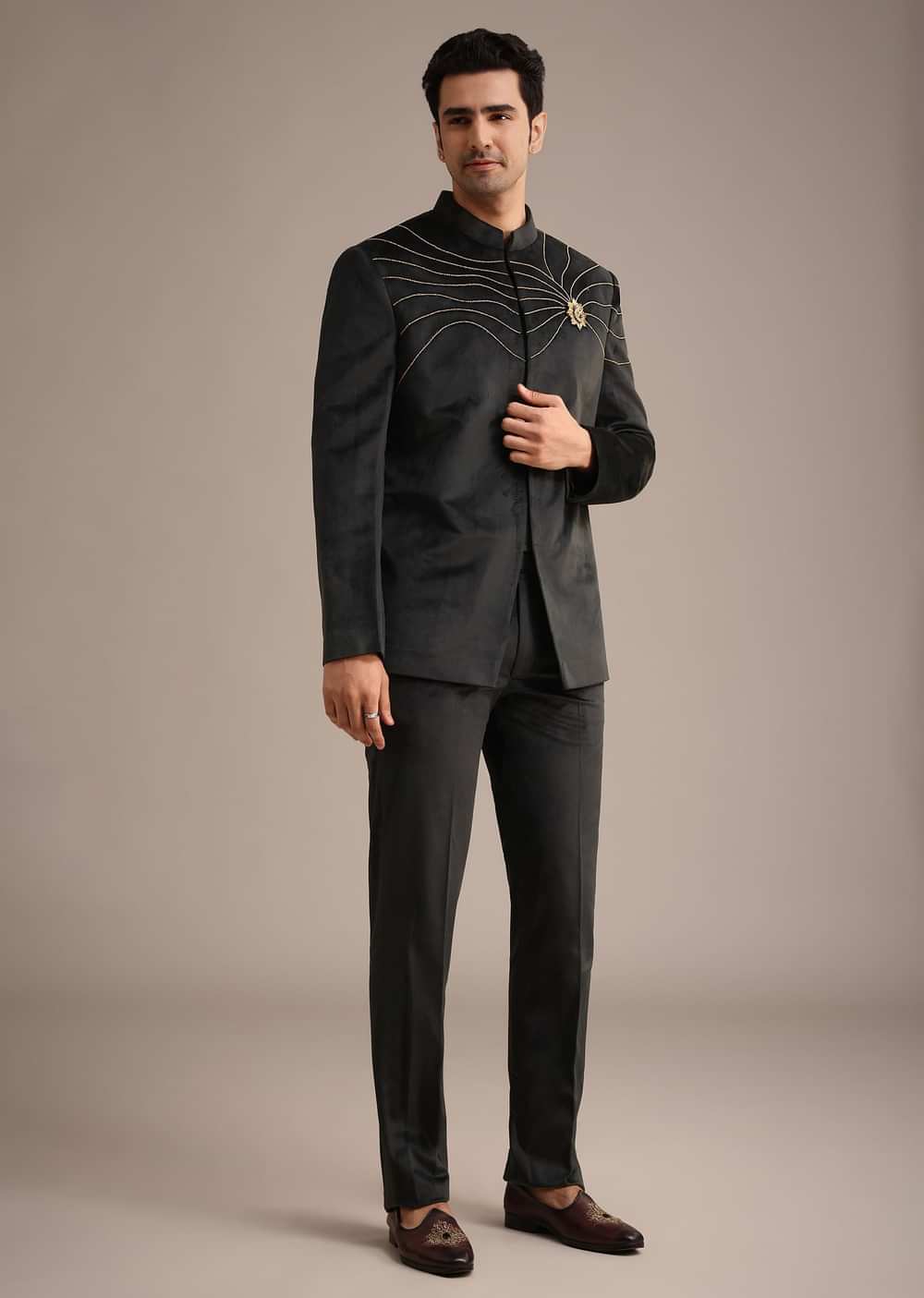 Black Embroidered Jodhpuri Set With Poth Work In Suede