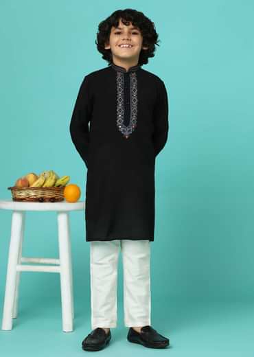 Black Embroidered Kurta And Pant Set In Silk