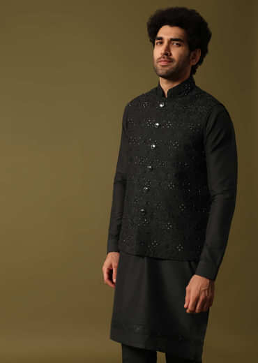 Black Cutdana Embroidered Kurta Jacket Set