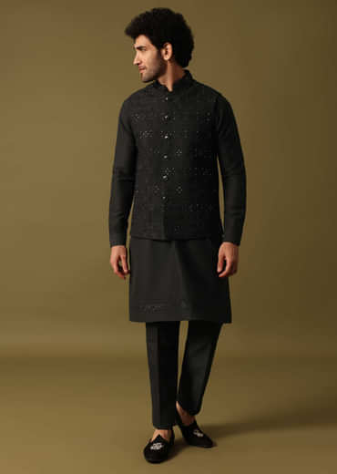 Black Cutdana Embroidered Kurta Jacket Set