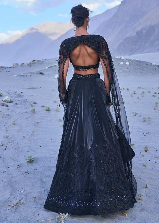 Black Embroidered Organza Lehenga Set With Cape