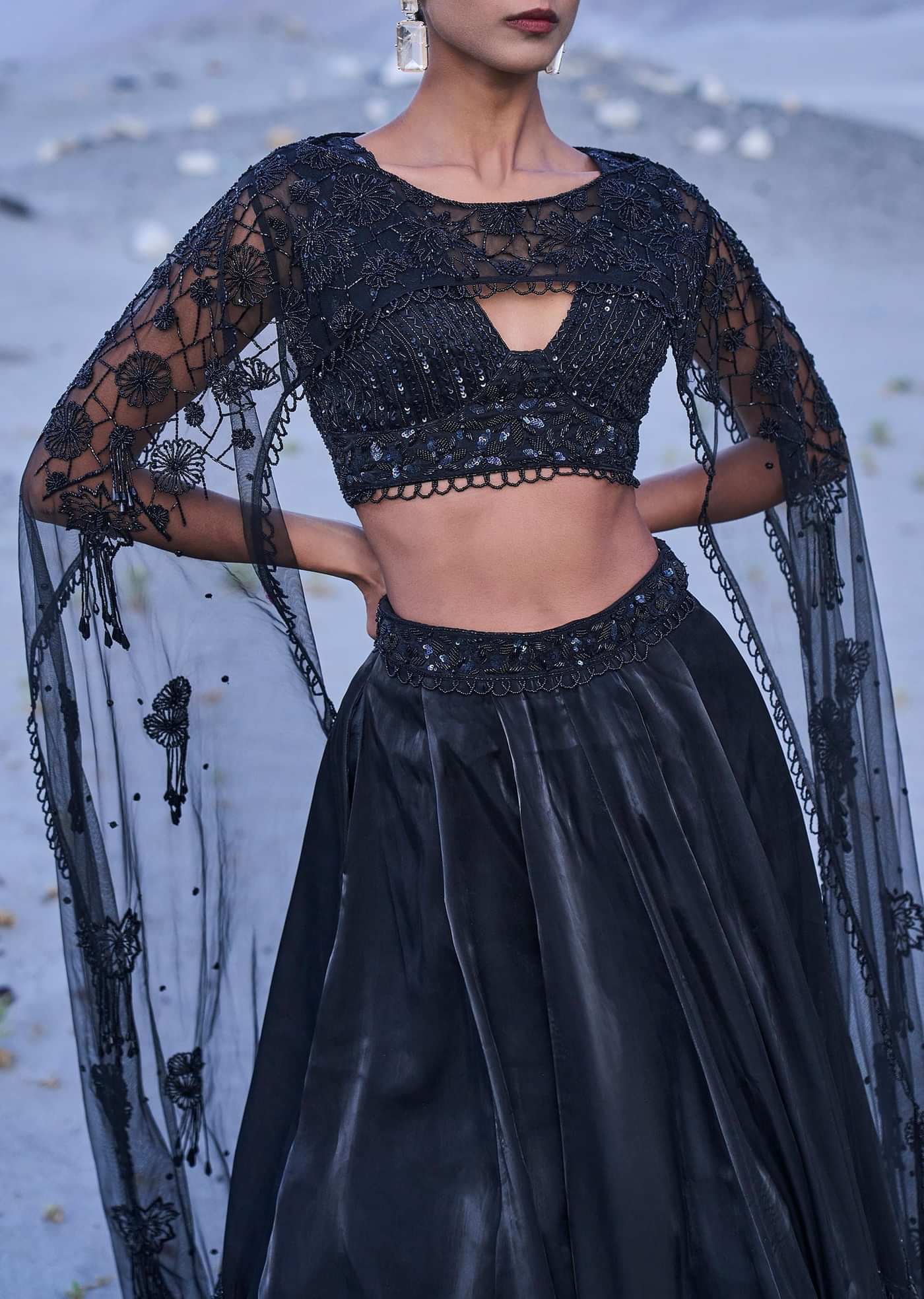 Black Embroidered Organza Lehenga Set With Cape