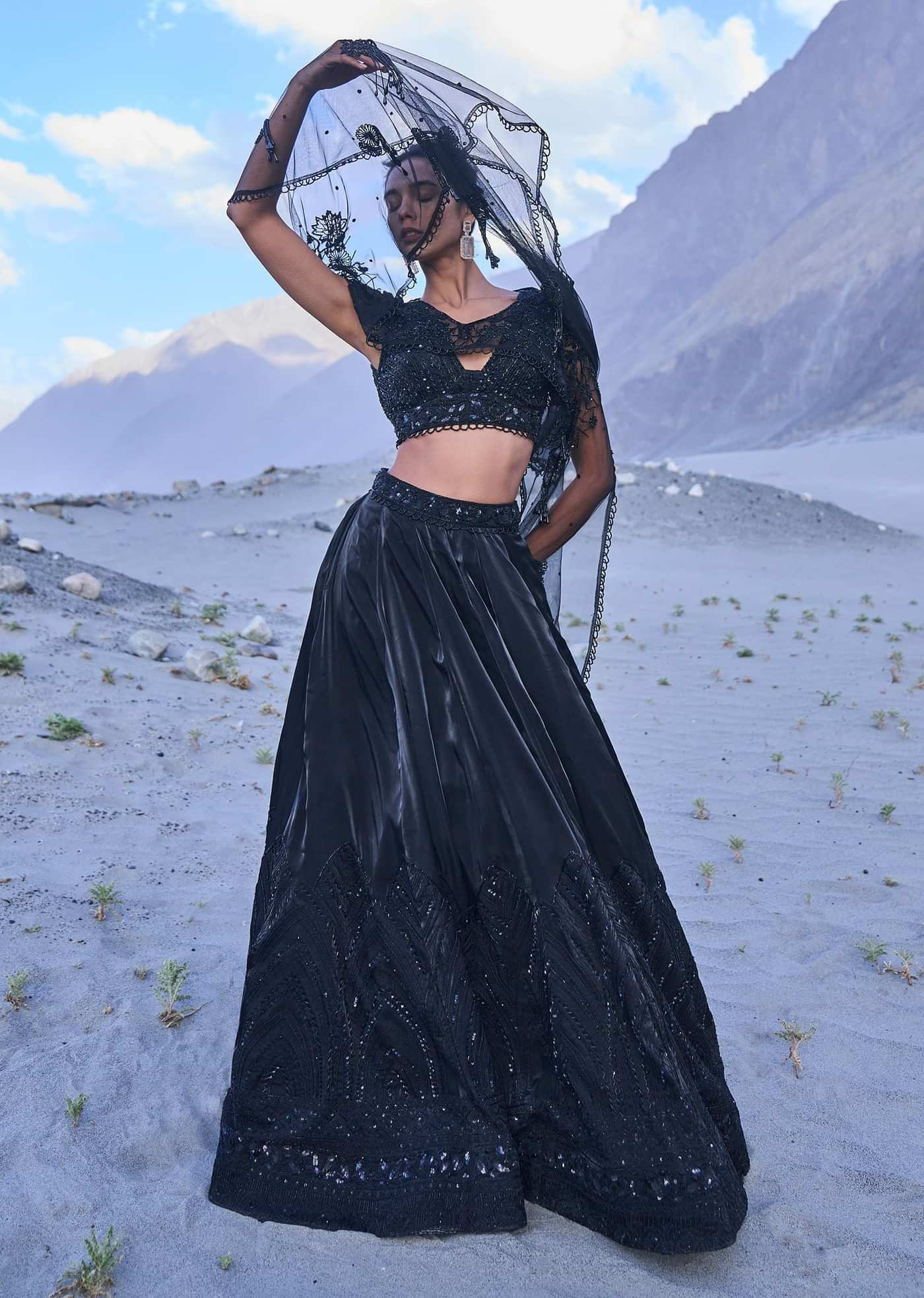 Black Embroidered Organza Lehenga Set With Cape