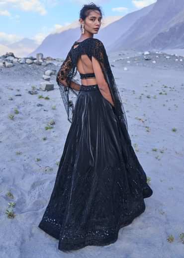 Black Embroidered Organza Lehenga Set With Cape
