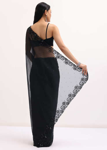 Black Embroidered Organza Saree With Unstitched Blouse