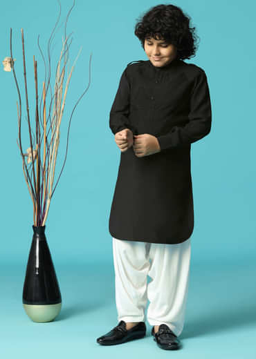 Black Embroidered Silk Kurta Salwar For Boys