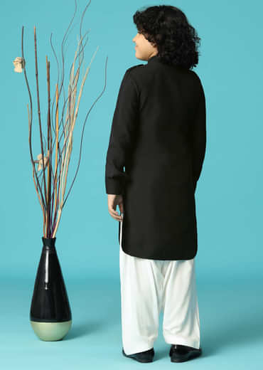 Black Embroidered Silk Kurta Salwar For Boys