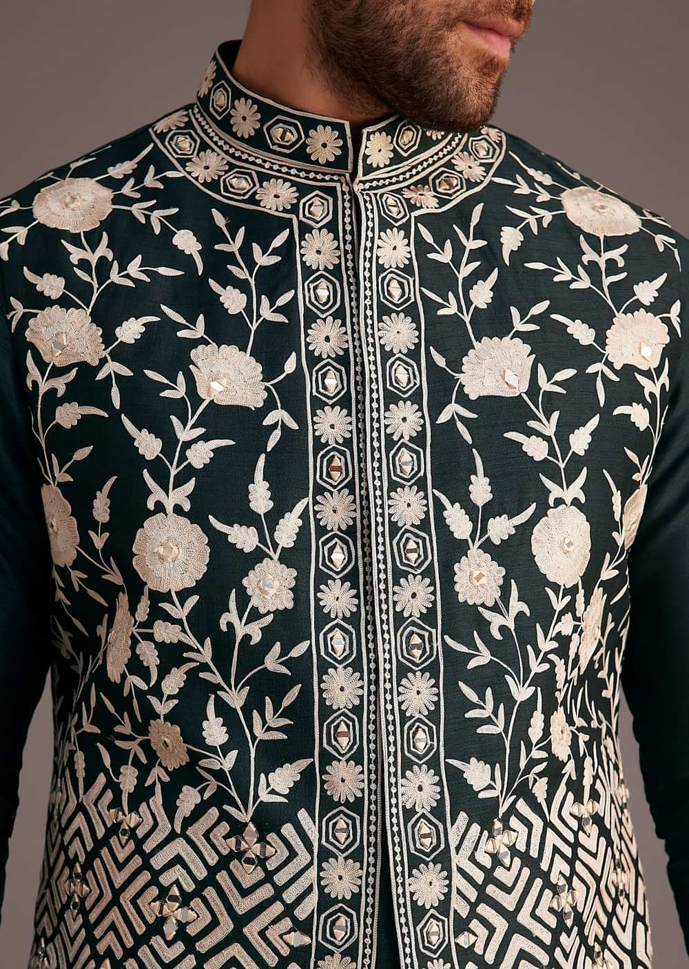 Black Floral Embroidered Jacket Kurta Set