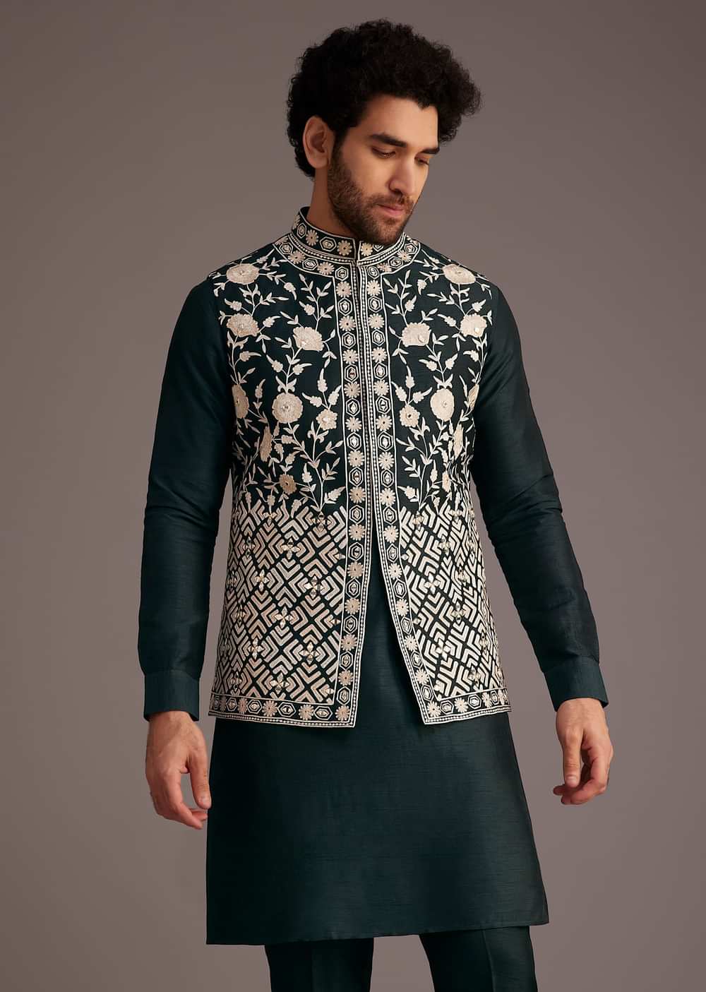 Black Floral Embroidered Jacket Kurta Set