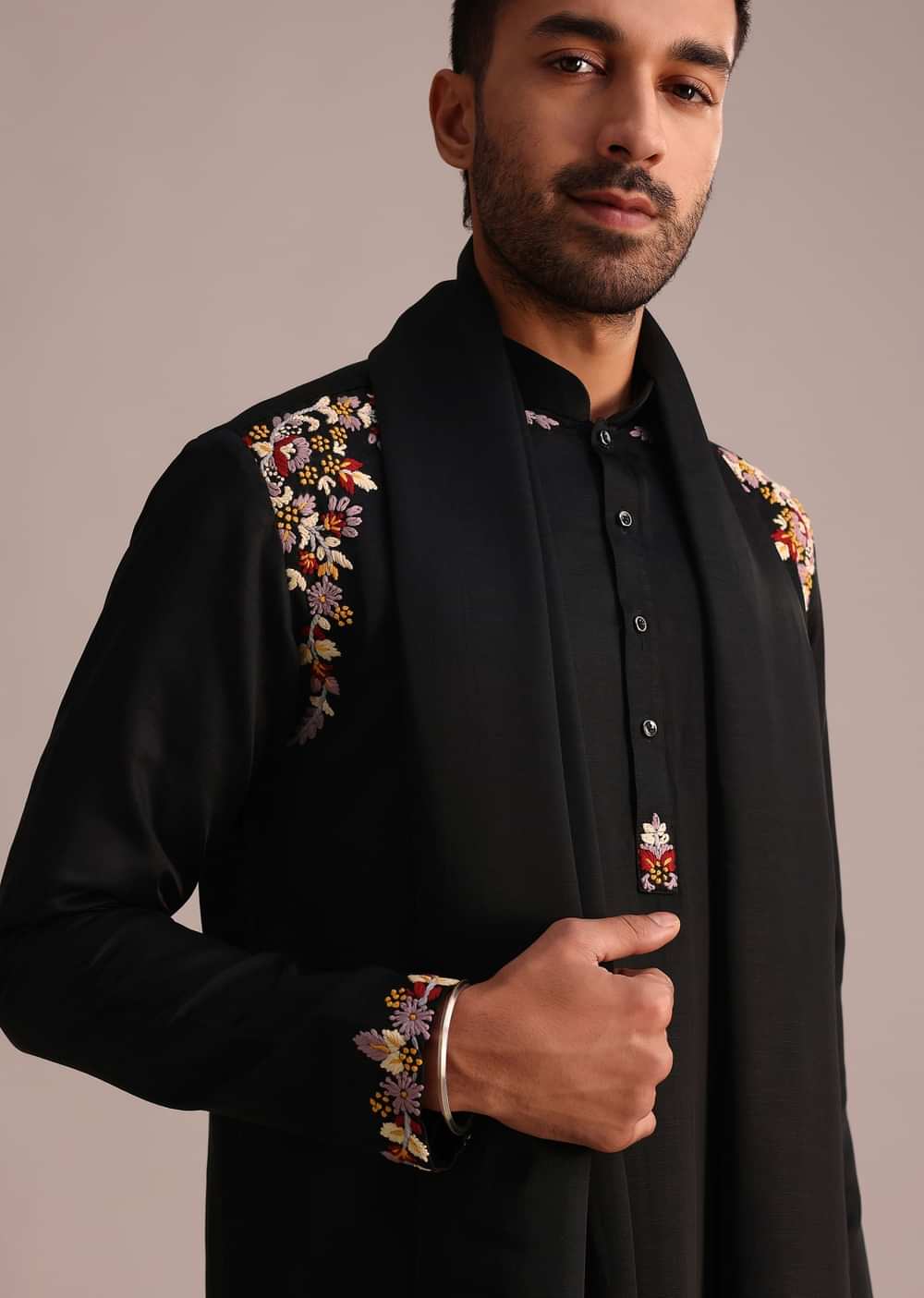 Black Floral Hand Work Kurta Set With Dupatta