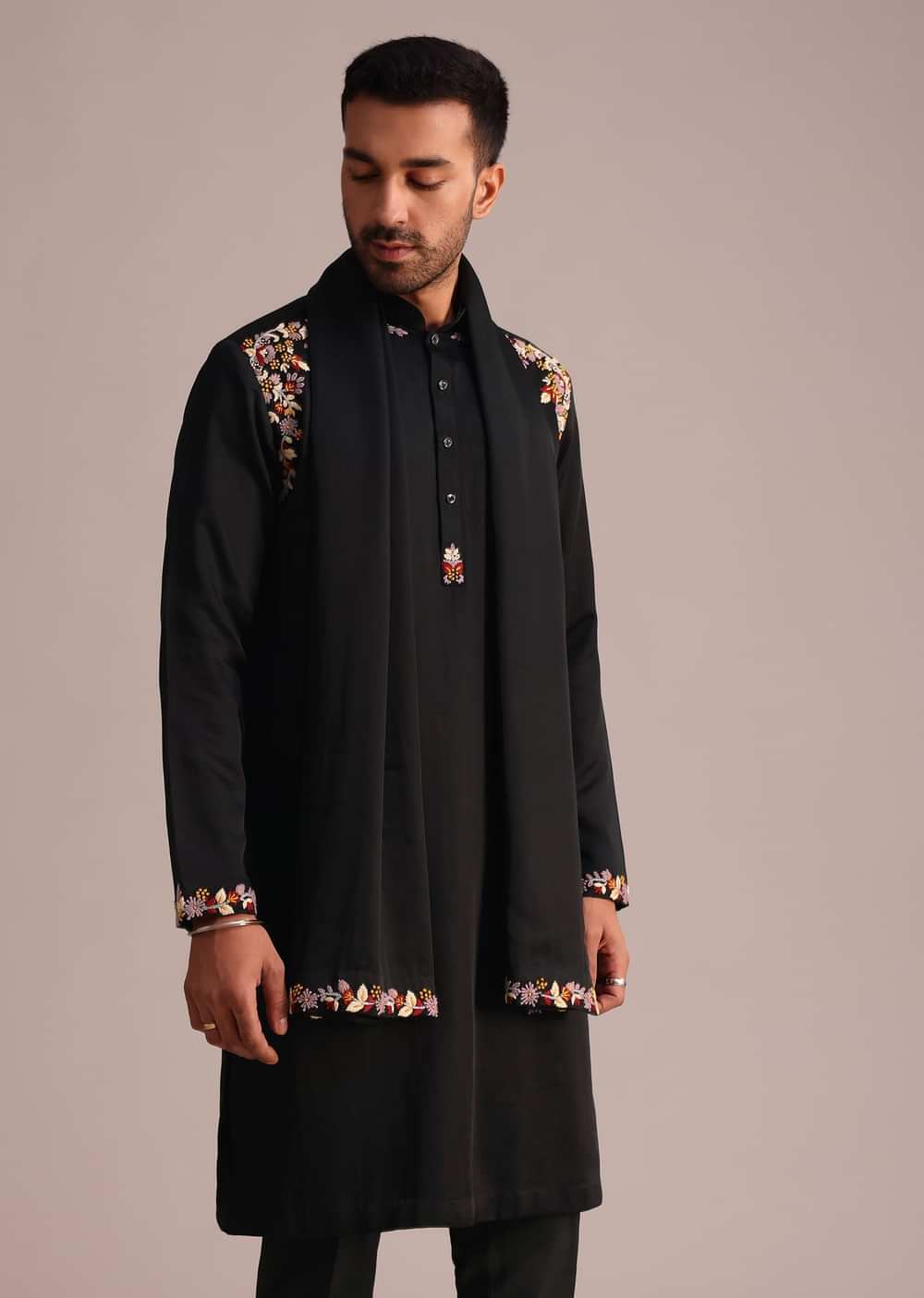 Black Floral Hand Work Kurta Set With Dupatta