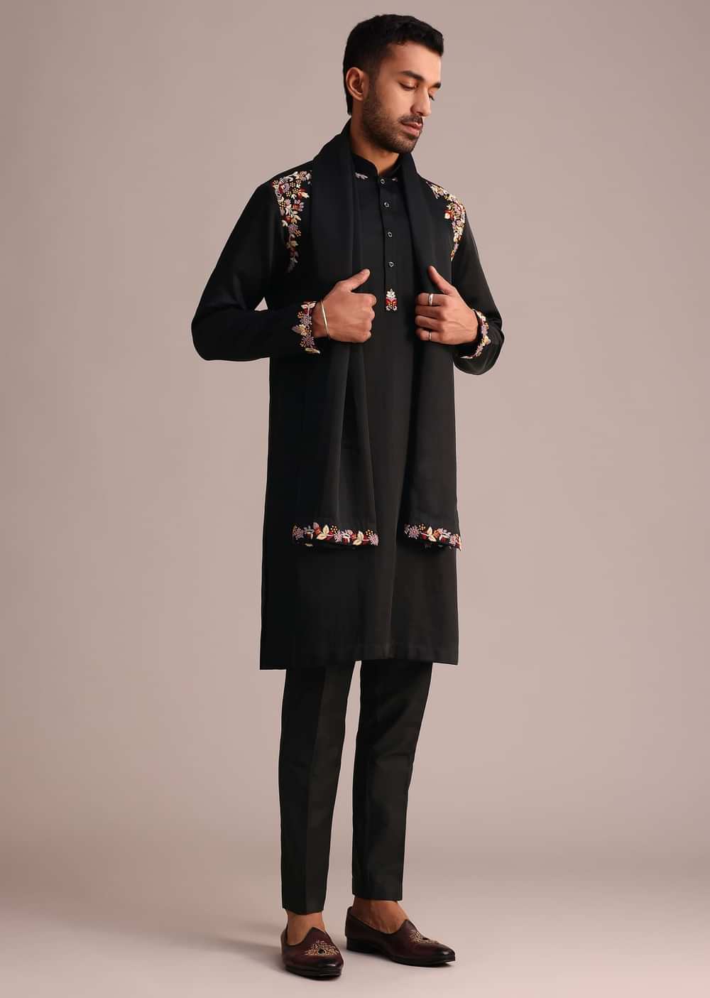 Black Floral Hand Work Kurta Set With Dupatta