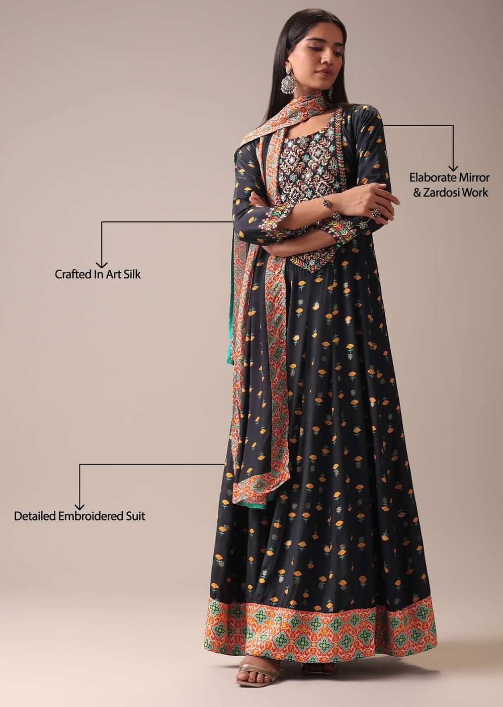 Black Floral Printed Anarkali Suit Set In Art Silk