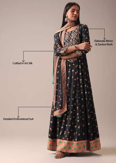 Black Floral Printed Anarkali Suit Set In Art Silk