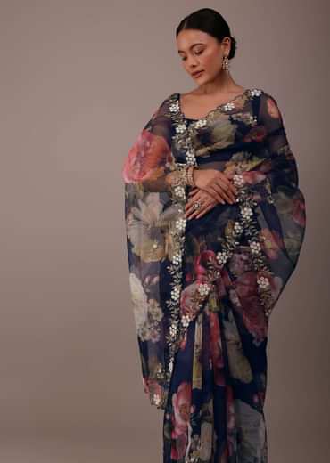Navy blue Floral Printed Saree In Organza With Cut Dana Embroidery