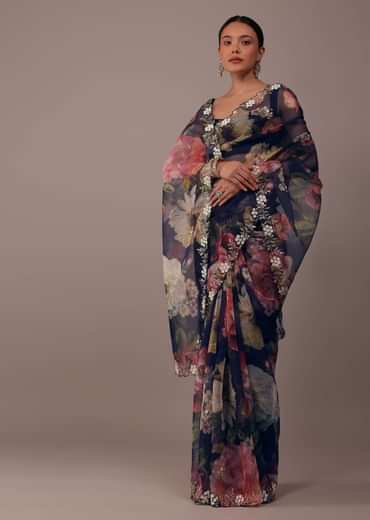 Navy blue Floral Printed Saree In Organza With Cut Dana Embroidery