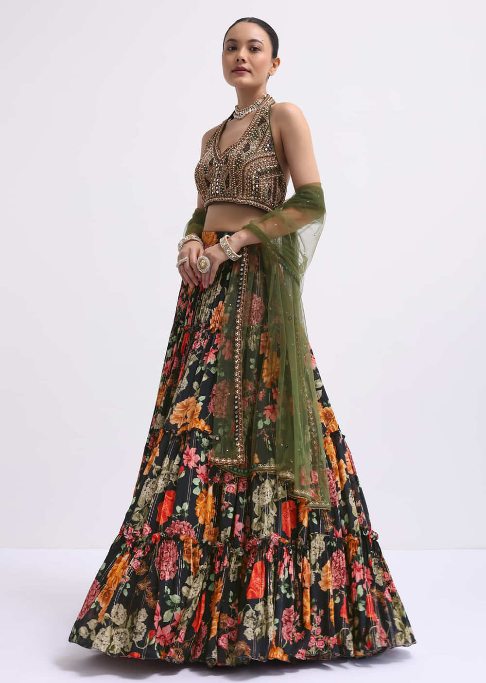 Black Floral Printed Silk Lehenga Choli Set