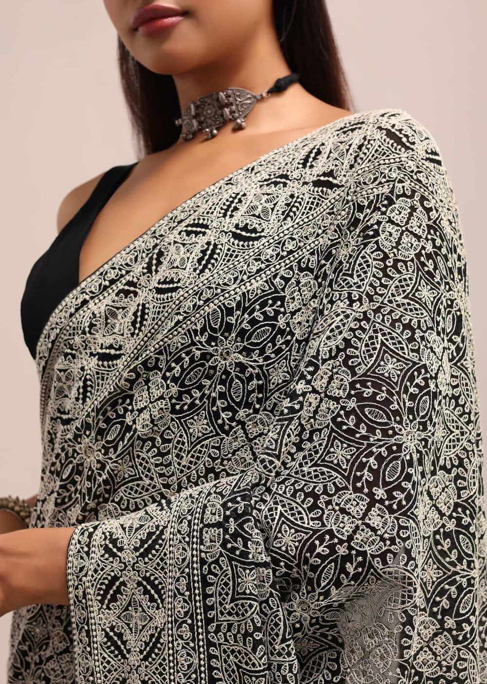 Black Georgette Chikankari Embroidered Saree With Unstitched Blouse