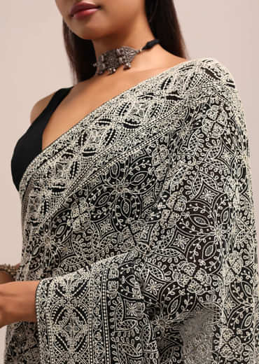 Black Georgette Chikankari Embroidered Saree With Unstitched Blouse