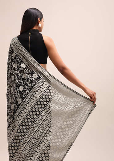 Black Georgette Chikankari Saree With Jaal Work And Unstitched Blouse