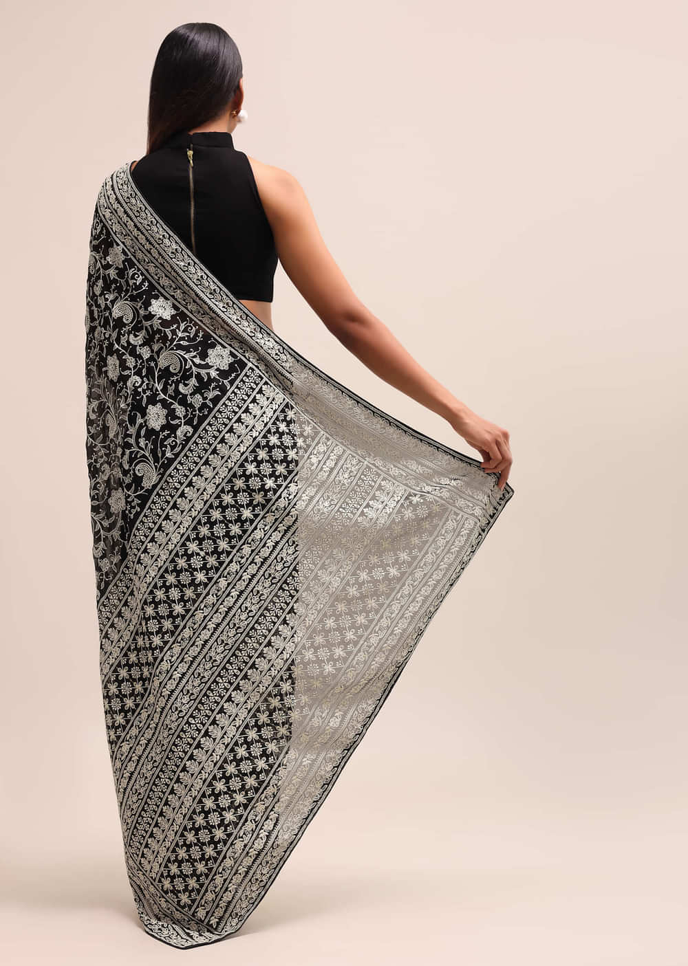 Black Georgette Chikankari Saree With Jaal Work And Unstitched Blouse