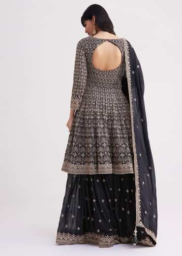 Midnight Blue Georgette Embroidered Palazzo Suit