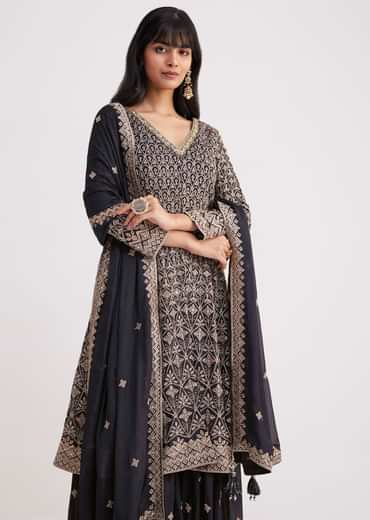 Midnight Blue Georgette Embroidered Palazzo Suit