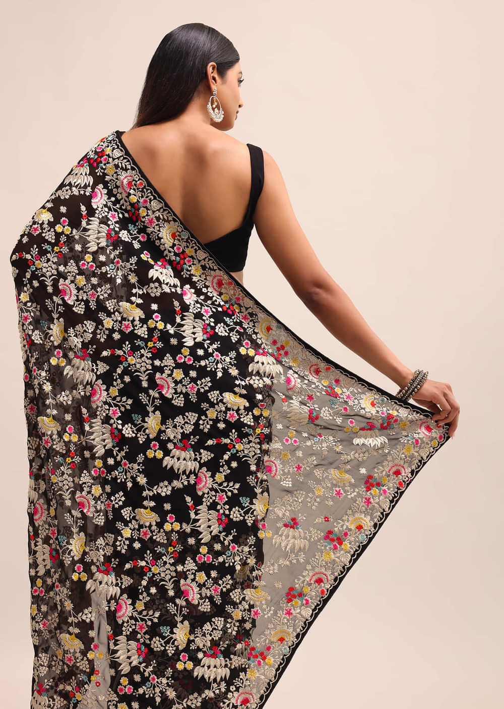 Black Georgette Parsi Gara Multi Color Saree With Unstitched Blouse