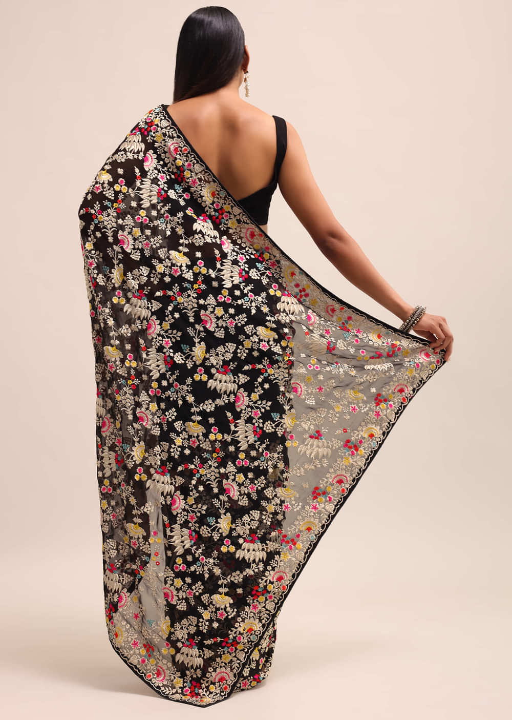 Black Georgette Parsi Gara Multi Color Saree With Unstitched Blouse