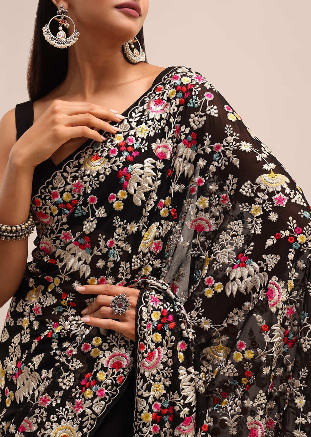 Black Georgette Parsi Gara Multi Color Saree With Unstitched Blouse