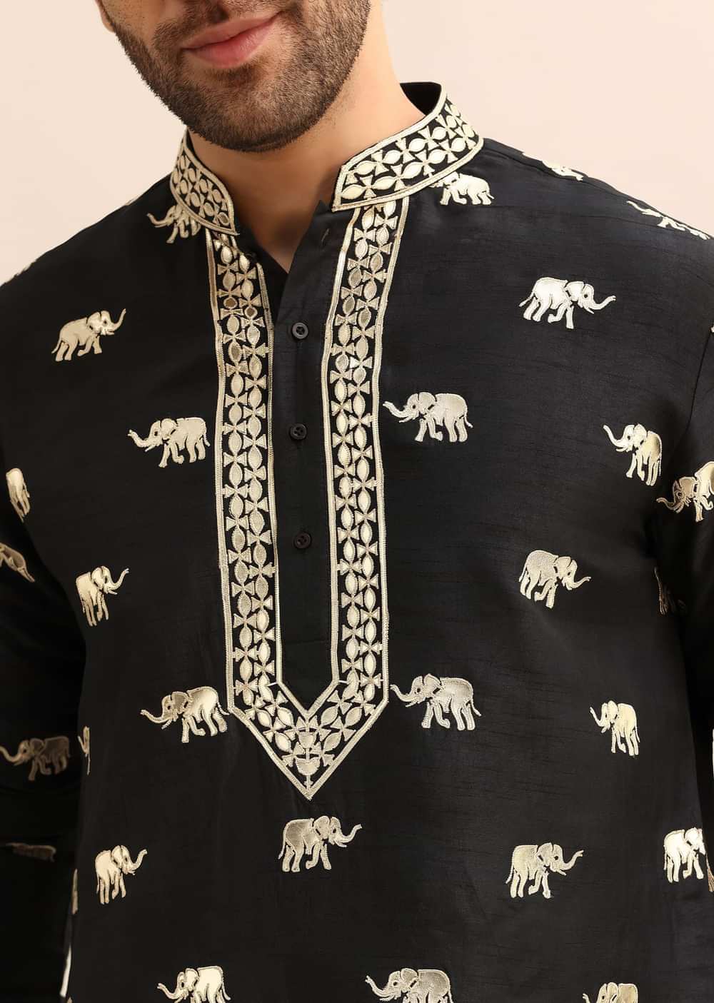 Black Gold Foil Applique Motifs Work Kurta Set