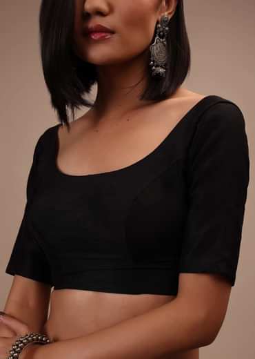 Black Half-Sleeveless Blouse In Scallop Neckline Raw Silk With Back Hook Closure.Padded With A Straight  Hemline